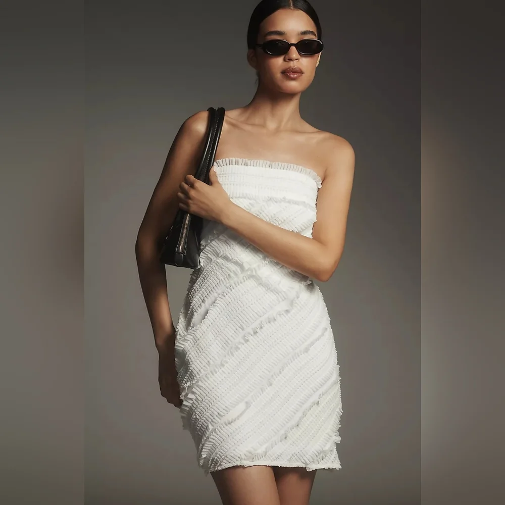 Anthropologie Endless Rose Strapless Textured Fitted White Mini Dress - Picture 3 of 6